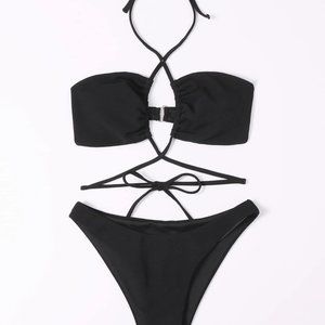 SHEIN Small Black Criss Cross Halter Bikini Swimsuit Set